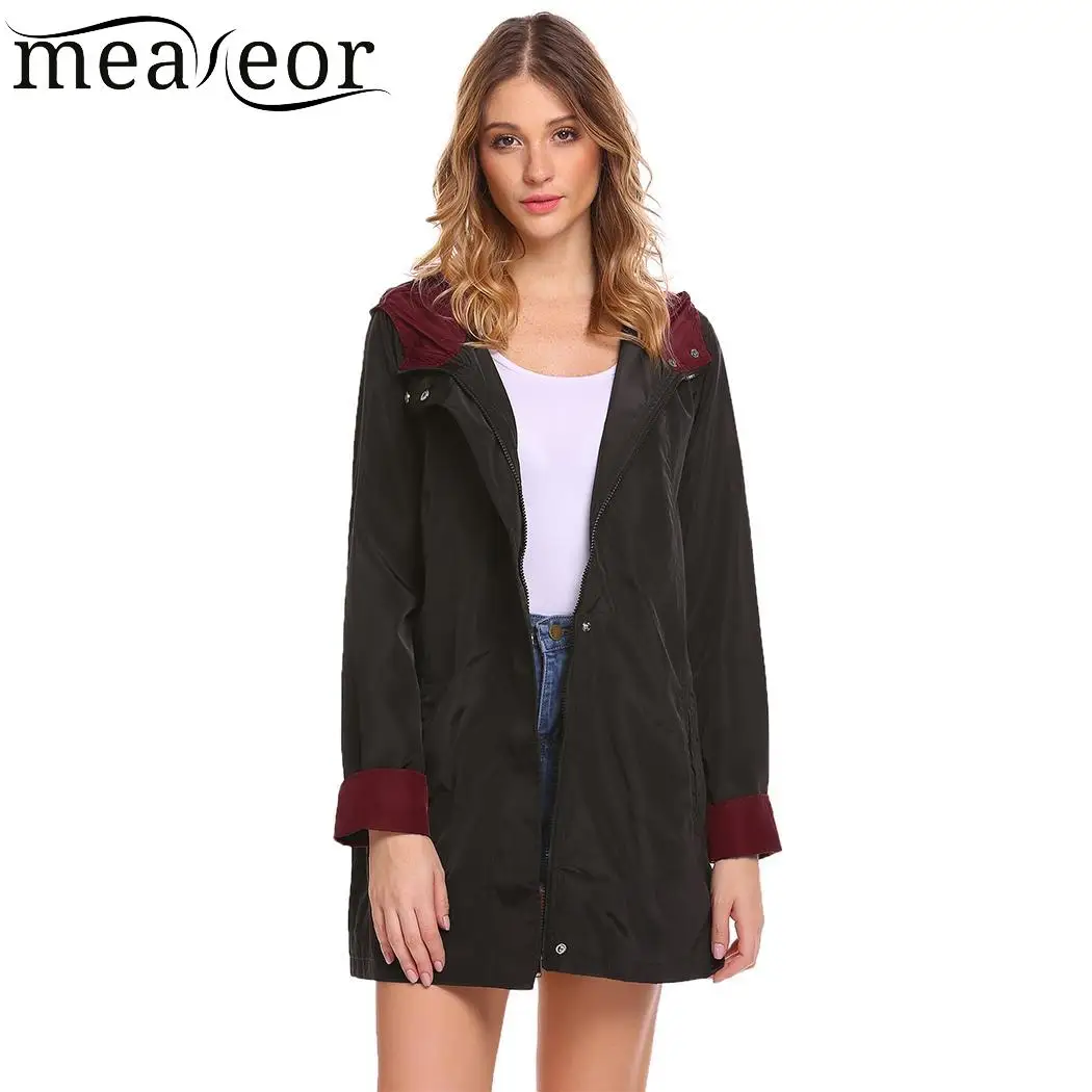 Meaneor Casual Hooded Long Sleeve Trench Coat Zipper Lightweight Coats