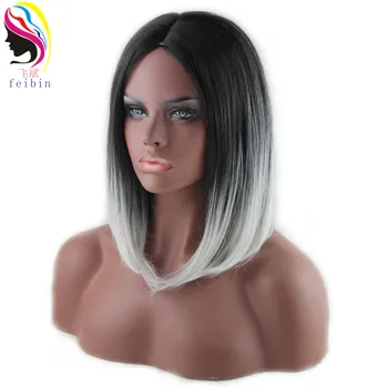 

Feibin Short Wigs For Women Synthetic BOBO Straight Ombre Gray Blonde Colour Hair D07