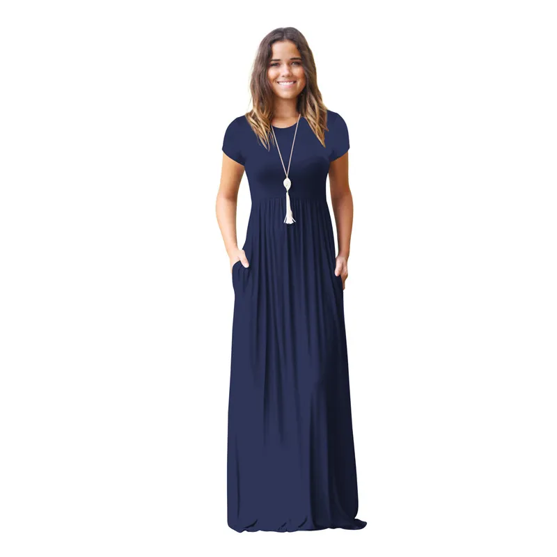 

2019 New Summer Short Sleeve Casual Women Long Dresses Pockets O-Neck Solid Color Maxi Dress Streetwear Female Robe Loose Dress