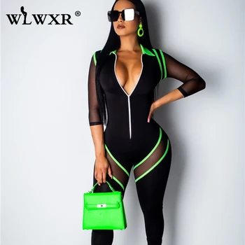 

WLWXR Sexy Club Mesh Summer Rompers Womens Jumpsuit Oeralls Black Zipper Transprent Streetwear Skinny Bodycon Jumpsuit Female