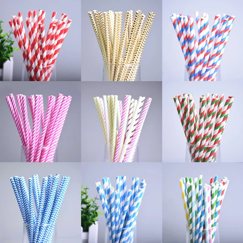Pack of 10 Decorative Stripe Paper Straw with Satin Bow Choose Straw & Bow Color