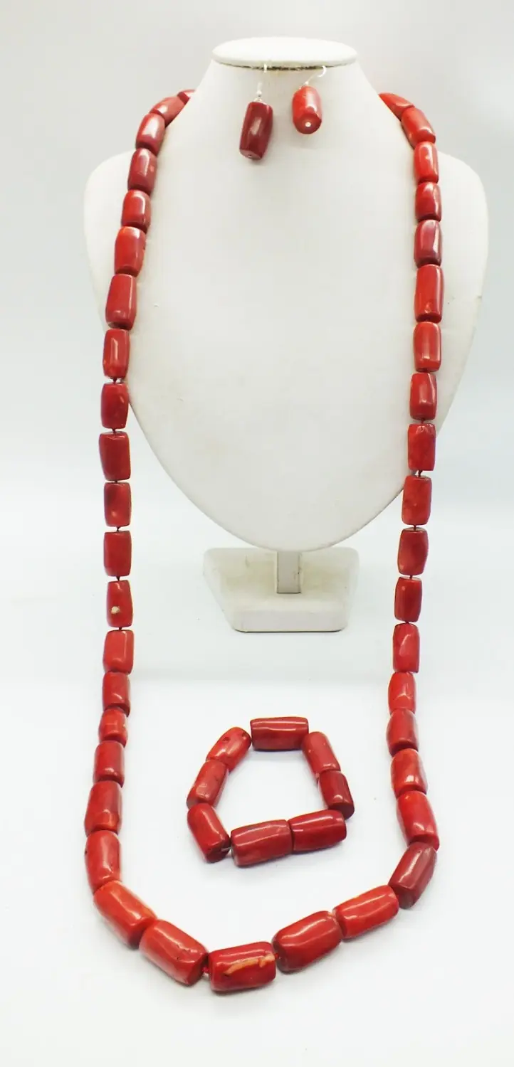 Kenya Fashion Bridal Jewelry Set. Brown coral necklace. Bracelet, Stud Earrings, 48 inches