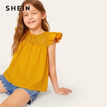 SHEIN/Милая однотонная блузка с кружевными вставками и рюшами на пройме для подростков; коллекция года; сезон лето; детская блузка на пуговицах с рукавом-бабочкой
