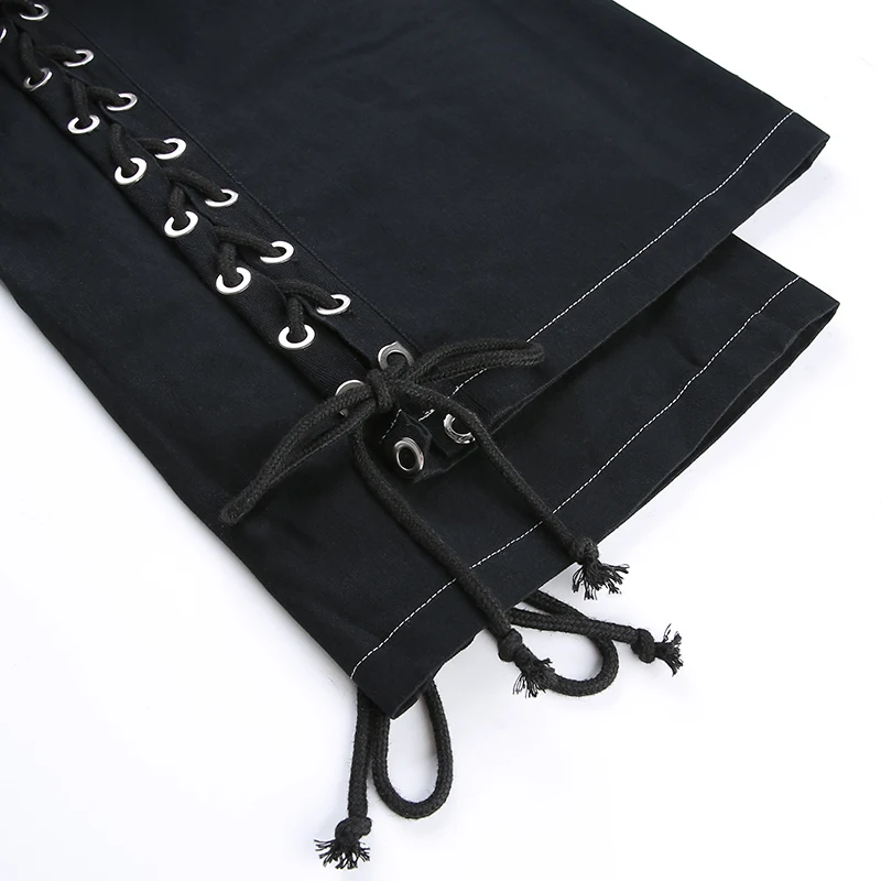 Iamhotty/черные женские брюки с вырезами и веревкой; Повседневные Удобные брюки-карго; модные джинсы с средней талией