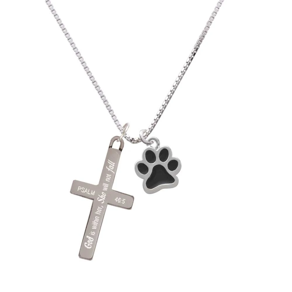 Medium Black Paw - She will not Fall - Cross Necklace