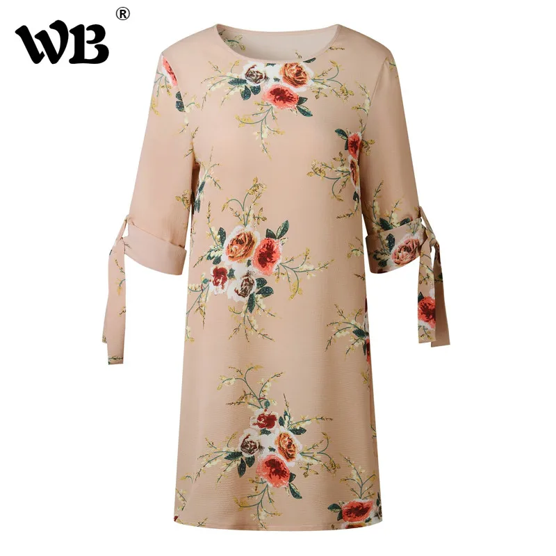 

Bow Tie 3/4 Sleeves Summer Dress Women Casual Style Floral Print O Neck Loose Mini Tunic 2018 Beach Vestidos De Fiesta