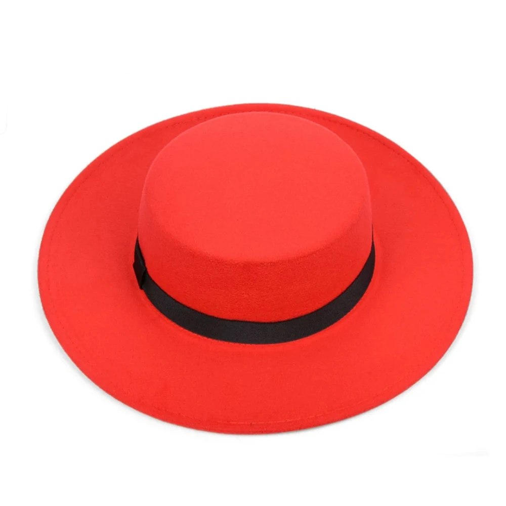 New Classic Solid Color Felt Fedoras Hat Belt for Men Women Blend Jazz Cap Wide Brim Simple Church Derby Flat Top Hat Mujer - Цвет: 2