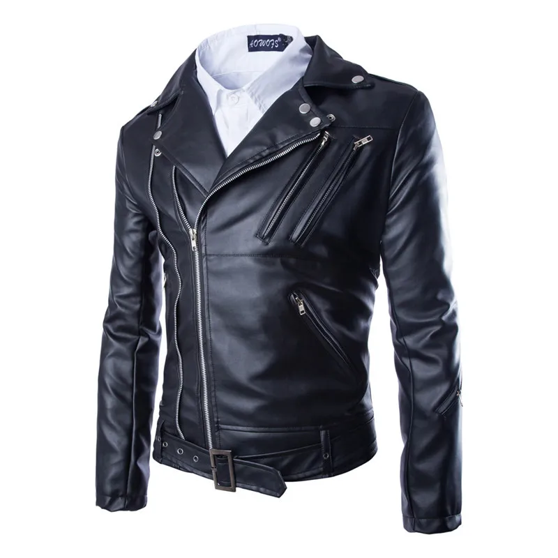 Men's Faux Leather Black Jacket Lapel Slant Zipper Slim Fit Men's