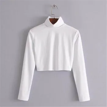 

Fashion autumn 2018 female t-shirt crop top solid white tshirt slim sexy turtleneck long sleeve t-shirts women W3