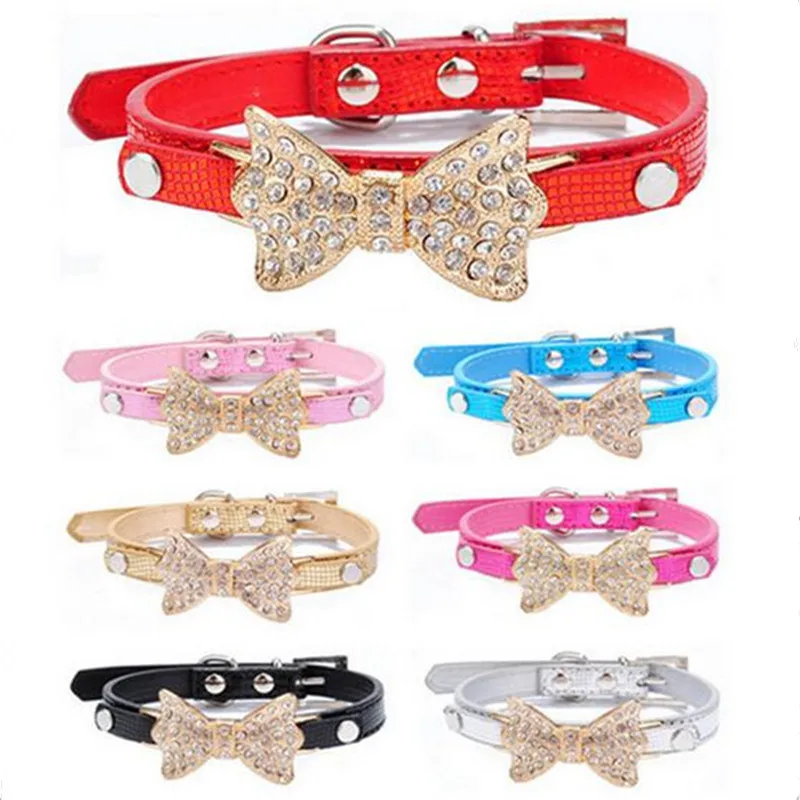 CW014 Cool Dog Collars Small Dogs Bling Crystal Bow Leather Pet Collar