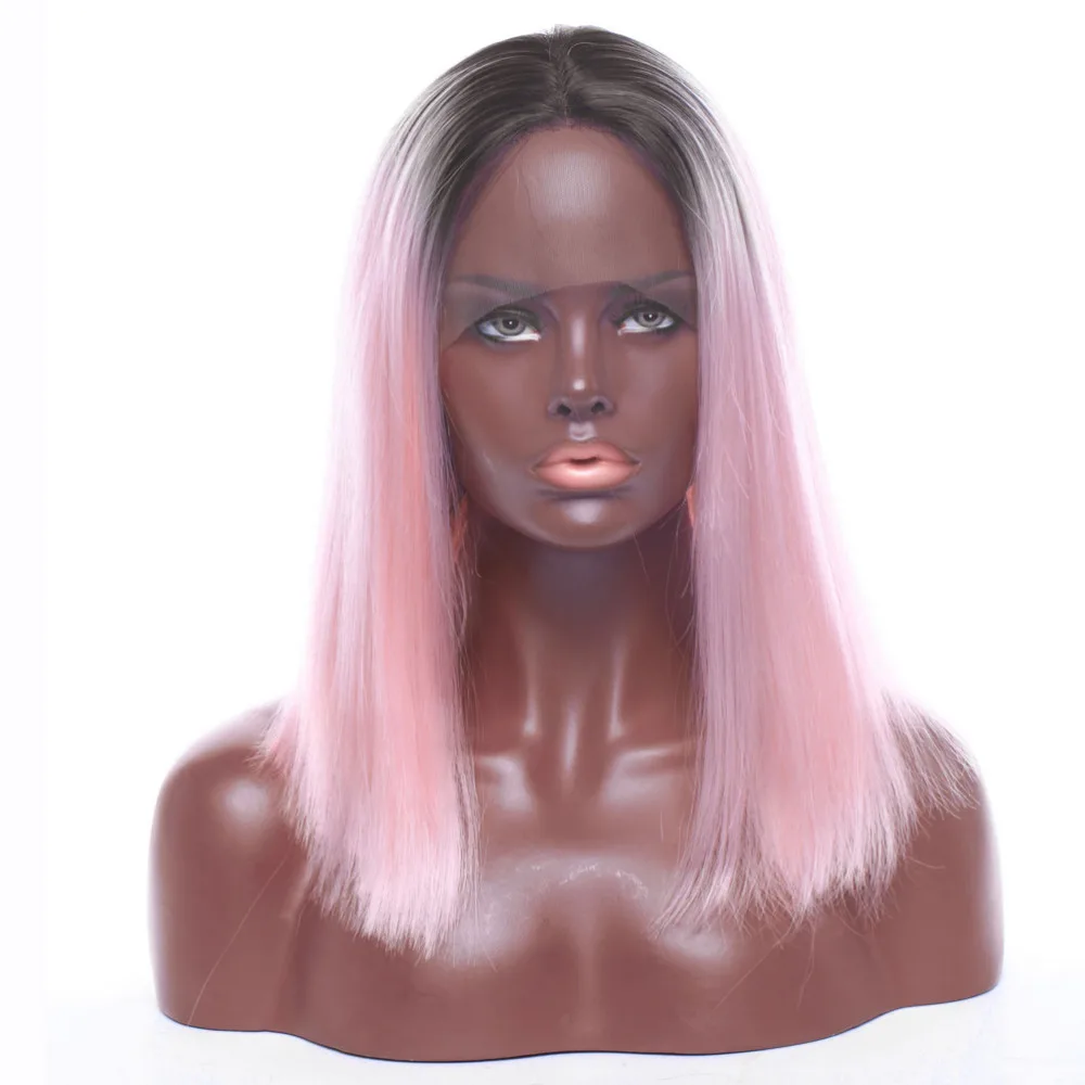 S noilite Synthetic Lace Front Wigs Ombre Sweet Baby Pink Dark Roots Glueless For Women Short