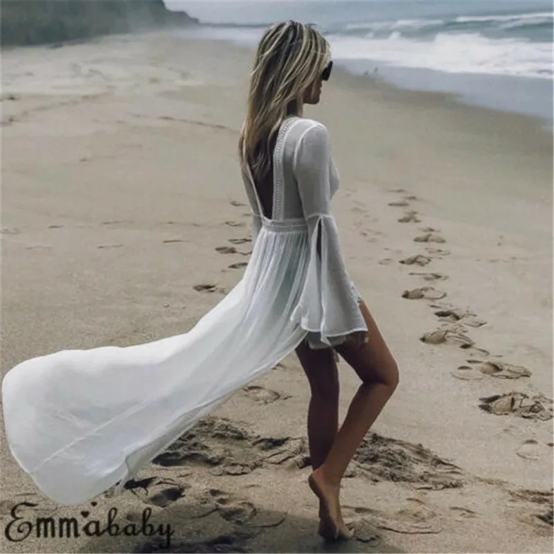 

2019 Summer White Lace Women Bikini Beach Cover Up Elegant High Waist Beach Tunic Kaftan Sheer Beach Dress Lady Halter Beachwear