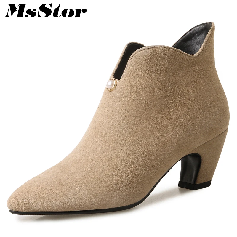 

MsStor Pointed Toe Square Heel Women Boots Casual Fashion Zipper Crystal Ankle Boots Women Shoes Mature Med Heel Boots Women