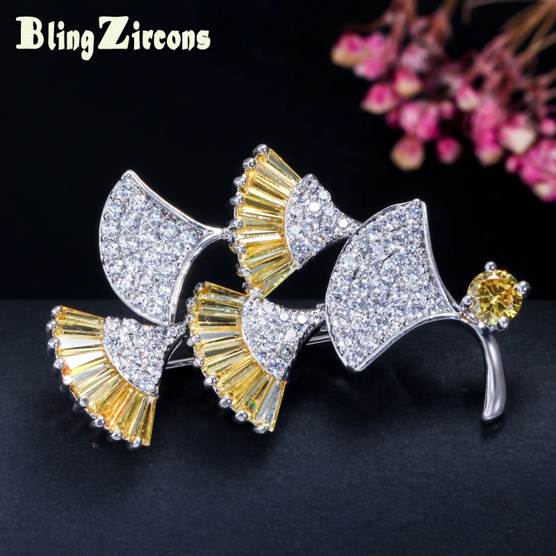 

BeaQueen Famous Brand Shell Shape Yellow CZ Stone Micro Pave Cubic Zirconia Crystal Bridal Wedding Brooches for Women BH002
