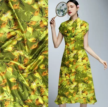 

Have 19 mm Designer Yellow flowers Print Satin Fabric Wax japan Woven Material Curtain Cloth Dress stretch 97% Silk Fabric