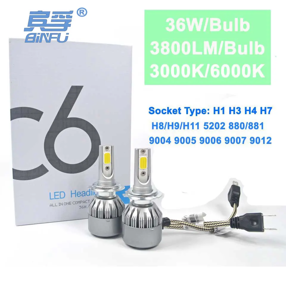 BINFU 72W COB H7 H1 H4 H3 H11 H8 9005 9006 9007 9012 880 C6 Bulb