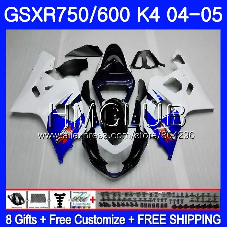 

Body For SUZUKI GSXR 750 GSX R750 K4 GSXR 600 04 05 white blue GSX-R600 4HM.4 GSXR-750 GSXR600 04 05 GSXR750 2004 2005 Fairing
