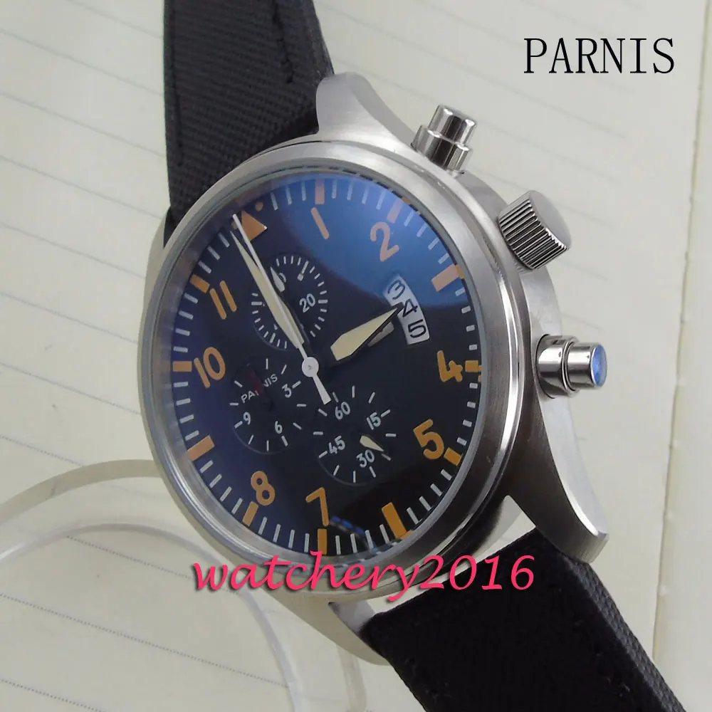 

42mm Parnis black dial orange markers date adjust full Chronograph quartz movement Men's business Watch