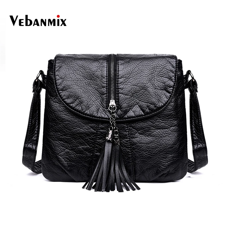 Fashion Women Bag Cross Body Soft Leather Black Shoulder Bags Small Flap Tassel Crossbody Bags ...