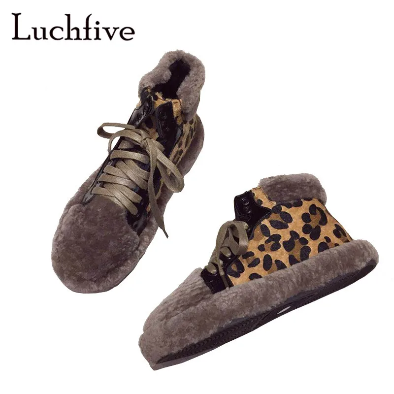 

Fashion wool leopard pattern shoes woman round toe lace up short boots flat heels short plush black white winter boots women