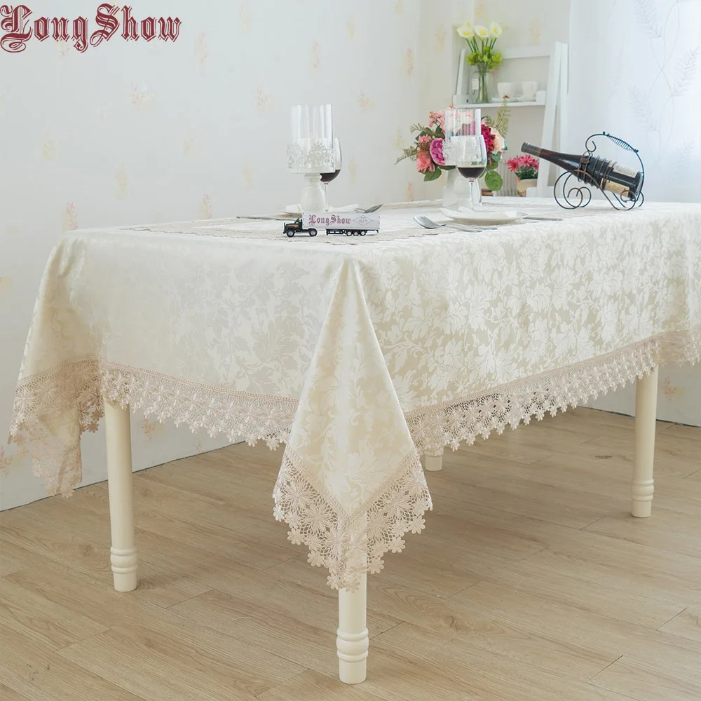 

LongShow Home Decorative Embroidered Lace Patchwork Center Beige Polyester Tablecloth
