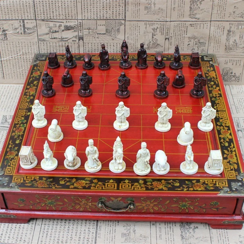

High-grade Antique Wooden Chinese Large Desktop Chess Game Set Folding Chessboard Chinese Traditions Resin Pieces Board Game