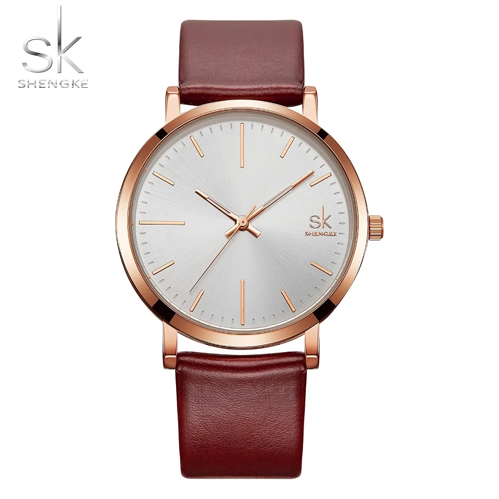 SHENGKE Couple Watches Brown White Leather Strap Quartz Clock Montre Homme Simple Design White Dial Relogio Masculino - Цвет: Coffee for man