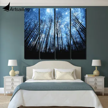 

4 piece Printed winter blue Star sky tree forest night Canvas framed artwork canvas art wall pictures for living room up-1300D