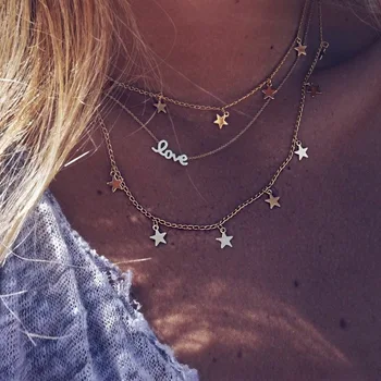 

New Fashion Necklace Pentagram Love Words And Multilayer Necklace Women Bohemia Necklace Jewelry Statement Necklace Wholesale