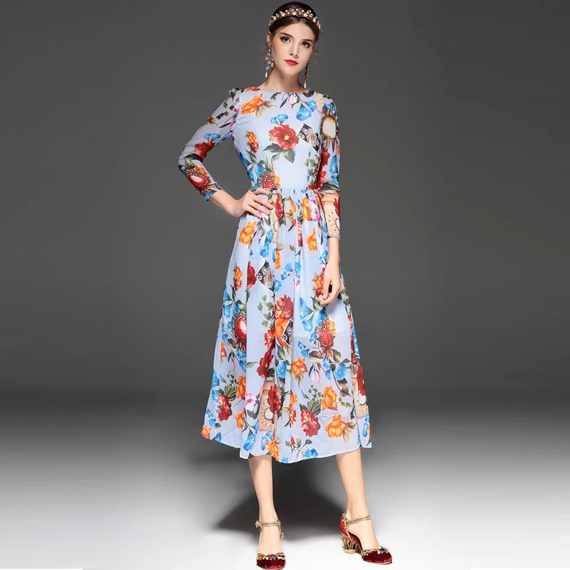 D'été Flare Mi Impression Robe Fit Partie mollet Fille Fleur Printemps Femmes Et 2018 Élégant Floral Bohème Poignet Multi 1gxBnn