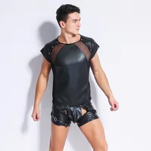 Мужской Кожезаменитель ПВХ сетчатая одежда для клуба для геев пара усиливающая Фетиш сексуальный Панк Блестящий O воротник жилет мускулатура Fad рубашка лоскутное пальто