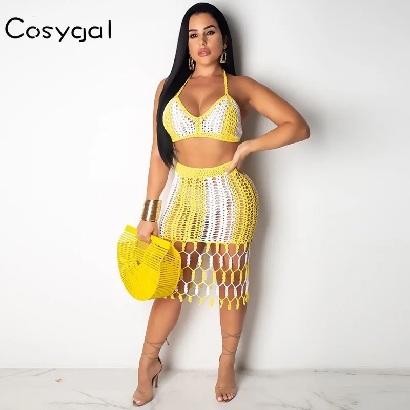

COSYGAL Mesh Fabric Sexy Knitted Set Hollow Out Nightclub Two Piece Set Crop Tops+skirt 2 Piece Set Women Patchwork Tassel Dress