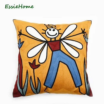 

ESSIE HOME Full Embroidery Chain Embroidery 18" High End Picasso Abstract Paintings Cushion Cover Yellow Throw Pillow Case