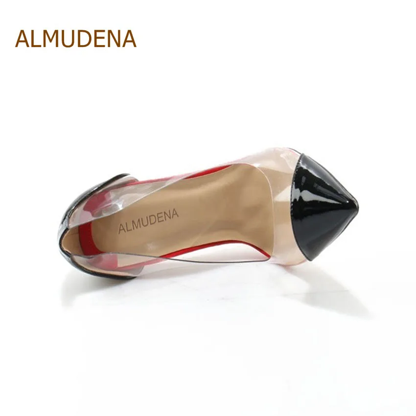 ALMUDENA Real Photo Cost Pirce Stiletto Heel Pumps Black Patent Leather Transparent PVC Patchwork Dress Shoes Pointed Toe Pumps