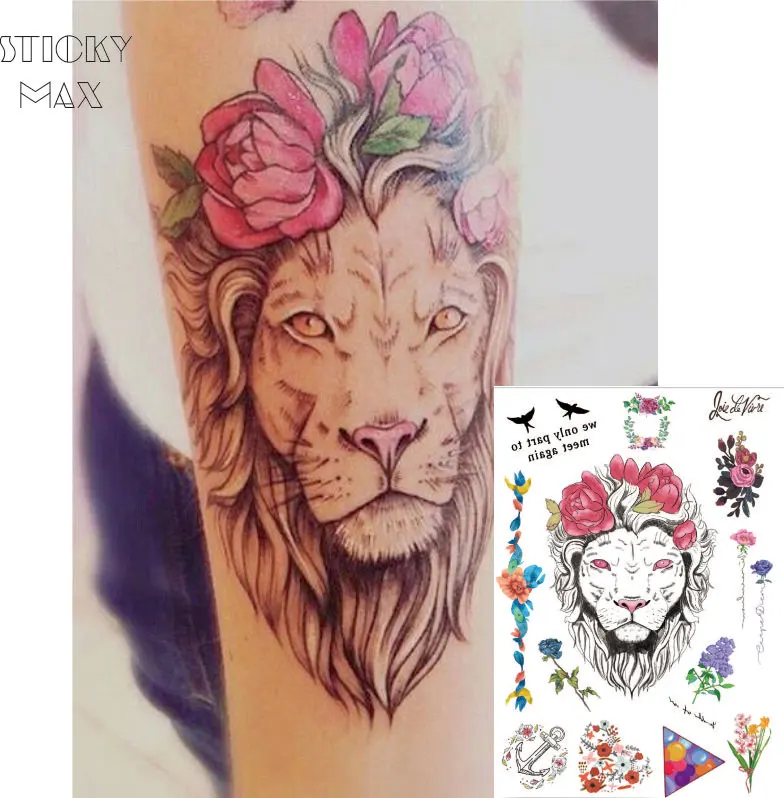 W03 1 Pieza Flor Corona León En El Brazo Tatuaje Temporal Con