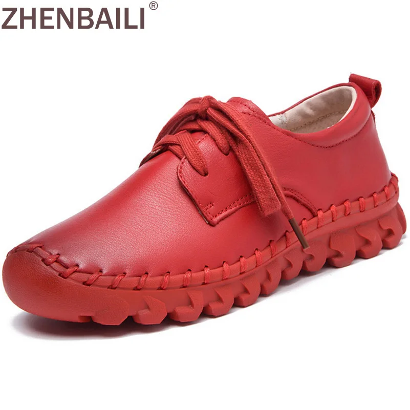 

8 Colors Women Casual Shoes 2017 Spring Autumn Fashion Soft Comfortable Flat Shoes Genuine Leather Lace Up Hand Sewing Shoes