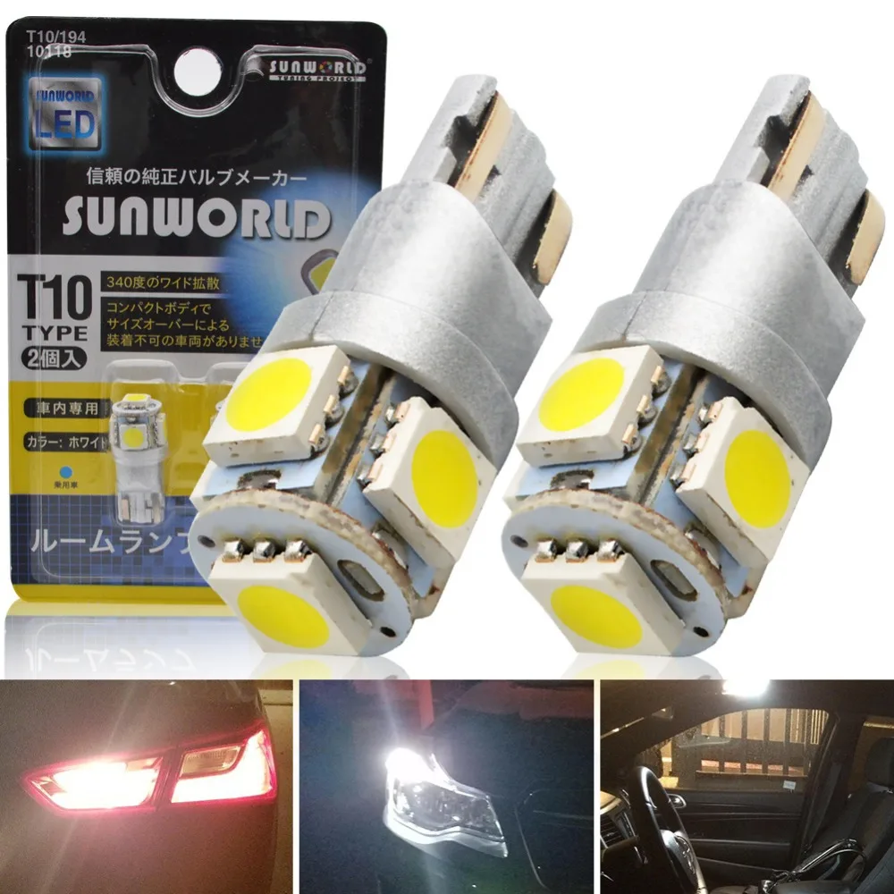 

Safego 2Pcs New T10 W5W Led Car Light Bulbs 168 175 194 904 906 908 2825 5SMD White 6000k Interior Light Door Panel Light 12V