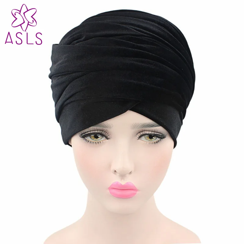 DHL, модный цельный тюрбан, очень длинный мягкий бархатный тюрбан, головной убор, хиджаб, шапка, головной шарф, разные цвета - Цвет: Черный