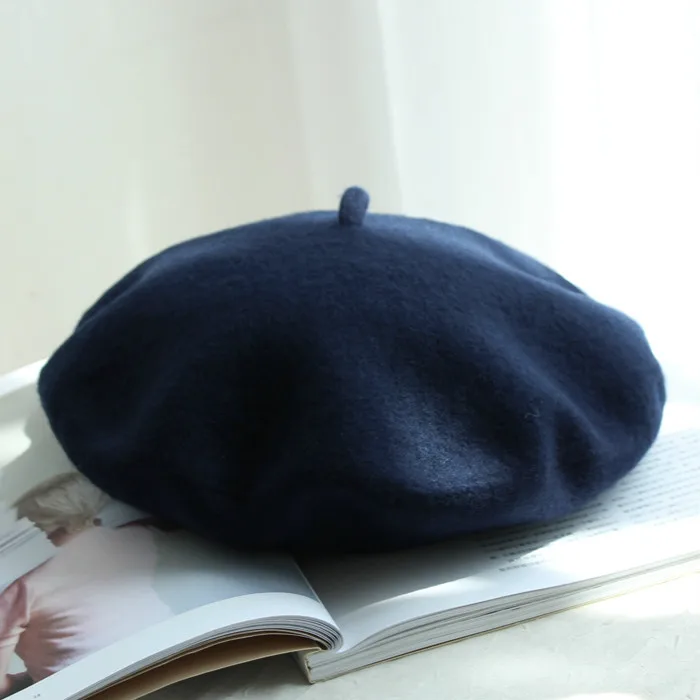 Натуральный шерстяной берет на весну и зиму для женщин, для женщин, для художников, теплая прогулочная шапка, шапка французского художника, берет для женщин, подарок для девушек - Цвет: dark blue