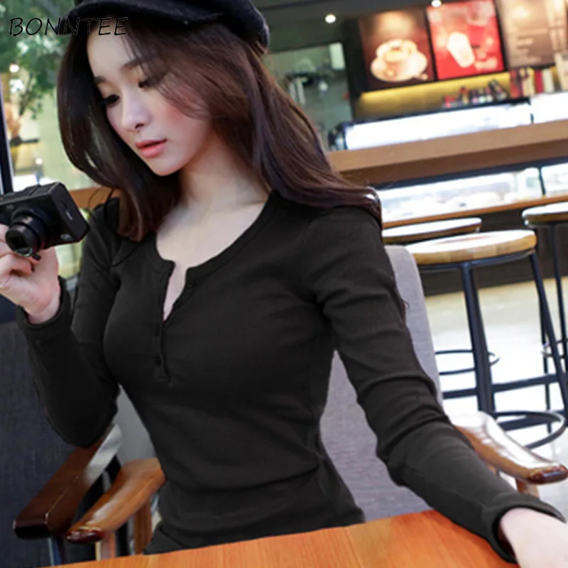T-shirts Women Solid V-Neck Slim Elegant Korean T Shirt Trendy Simple Long Sleeve Casual Womens Tops Ladies Cute All-match Daily T-shirts Women Solid V-Neck Slim Elegant Korean T Shirt Trendy Simple Long Sleeve Casual Womens Tops Ladies Cute All-match Daily