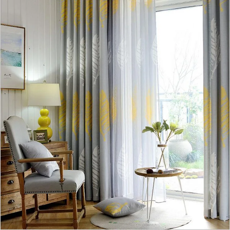 Шторы с желтыми листьями для гостиной полузатемняющие шторы спальни серые