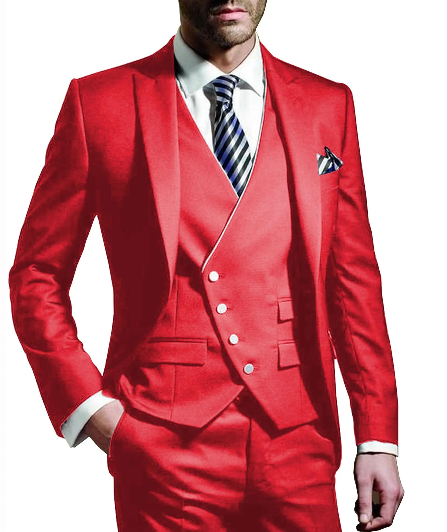 Мужские костюмы, облегающие повседневные деловые костюмы из 3 предметов, мужские смокинги с лацканами серого и зеленого цвета для торжественных свадеб(Блейзер+ жилет+ брюки - Цвет: red
