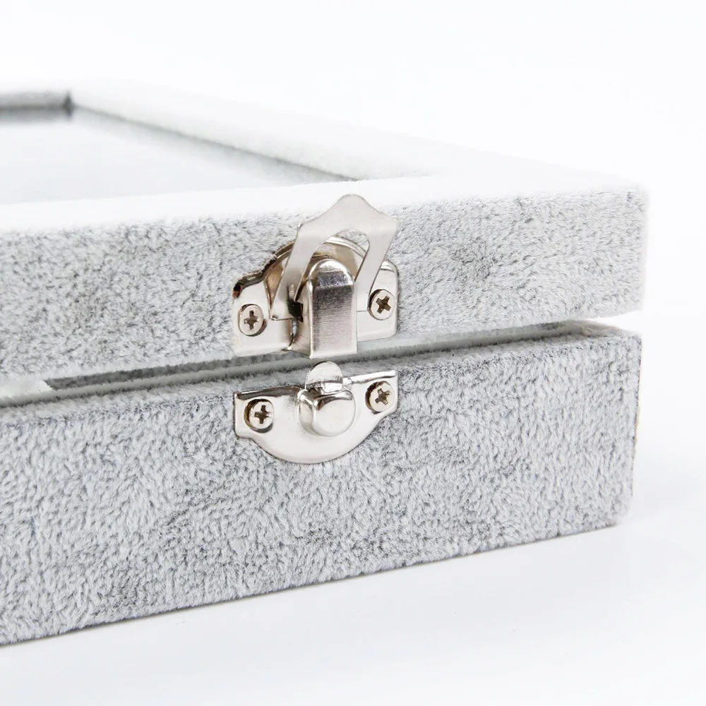 SZanbana Large Grey 24Grid Velvet Jewelry Tray Showcase Metal Lock Display Storage Glass Window Organger Removable Case