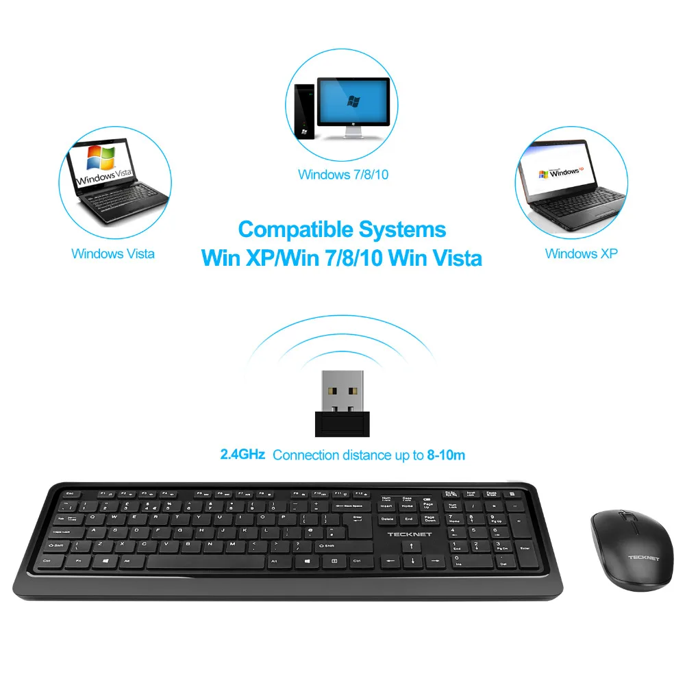 Беспроводная клавиатура, мышь, набор, 2,4 ГГц, полноразмерная, эргономичная беспроводная клавиатура, мышь, комбо, USB приемник, тихий дизайн, QWERTY, британская Раскладка
