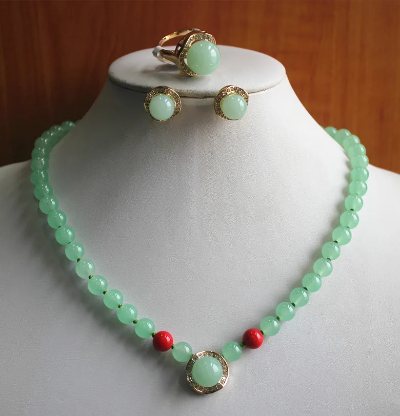 

FREE SHIPPING>>@> Wholesale factory price Women's semi-precious stones jade Necklace earring ring(#7.8.9) set #165 Natural jewel