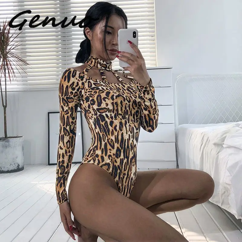 Genuo, новинка, неоновый, с леопардовым принтом, с вырезами, боди для женщин, для девушек, сексуальный, с длинным рукавом, комбинезон, боди, костюм, топы, весна
