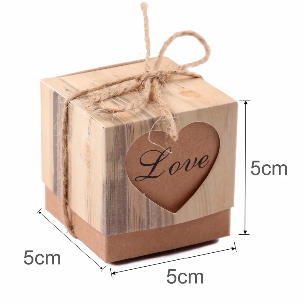 FENGRISE, 100 штук, коробка для конфет с сердечками в деревенском стиле, свадебные подарки, крафт-упаковка, коробка с джутовой лентой, украшение для свадебной вечеринки