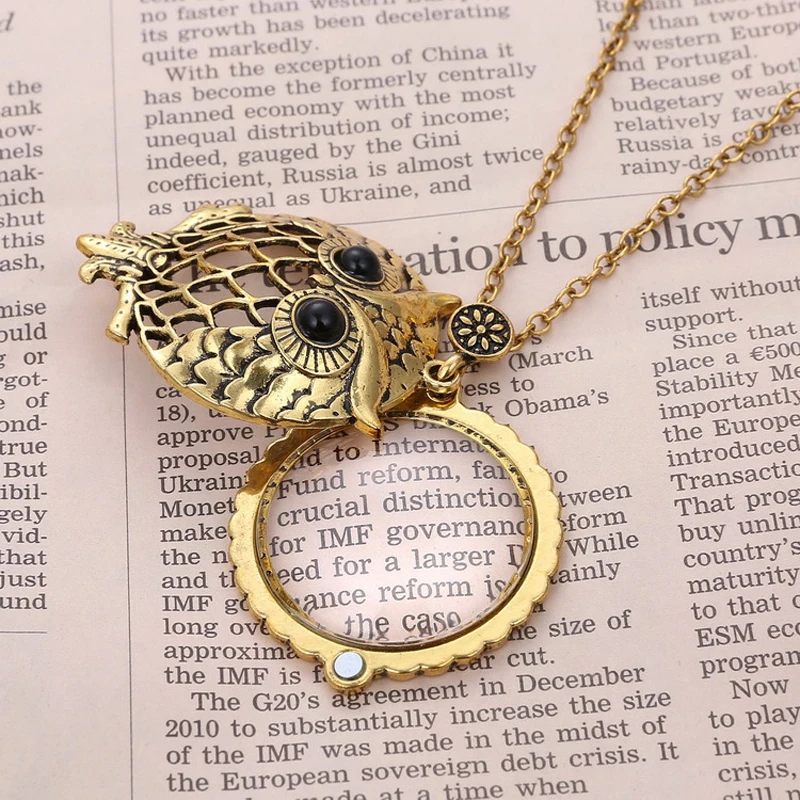 Retro Antique Statement Necklace Shellhard Crystal Cat Magnifying Glass Pendant Long Chain Necklace Fashion Jewelry For Women