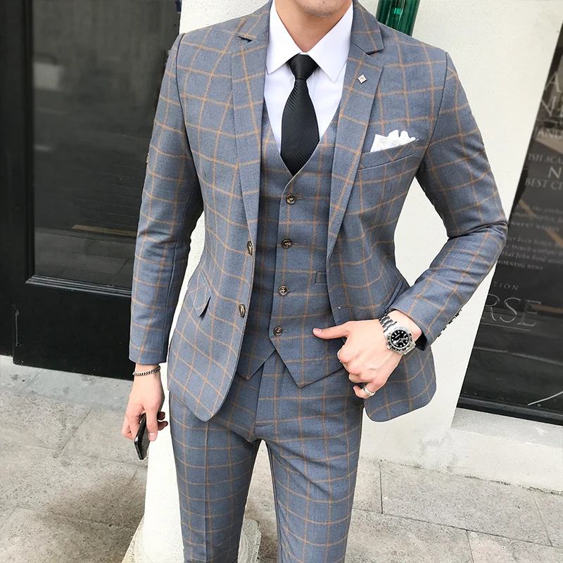 2019 New Plaid Men's Suits Two Buttons Classic Checkered Suit Set Dress
