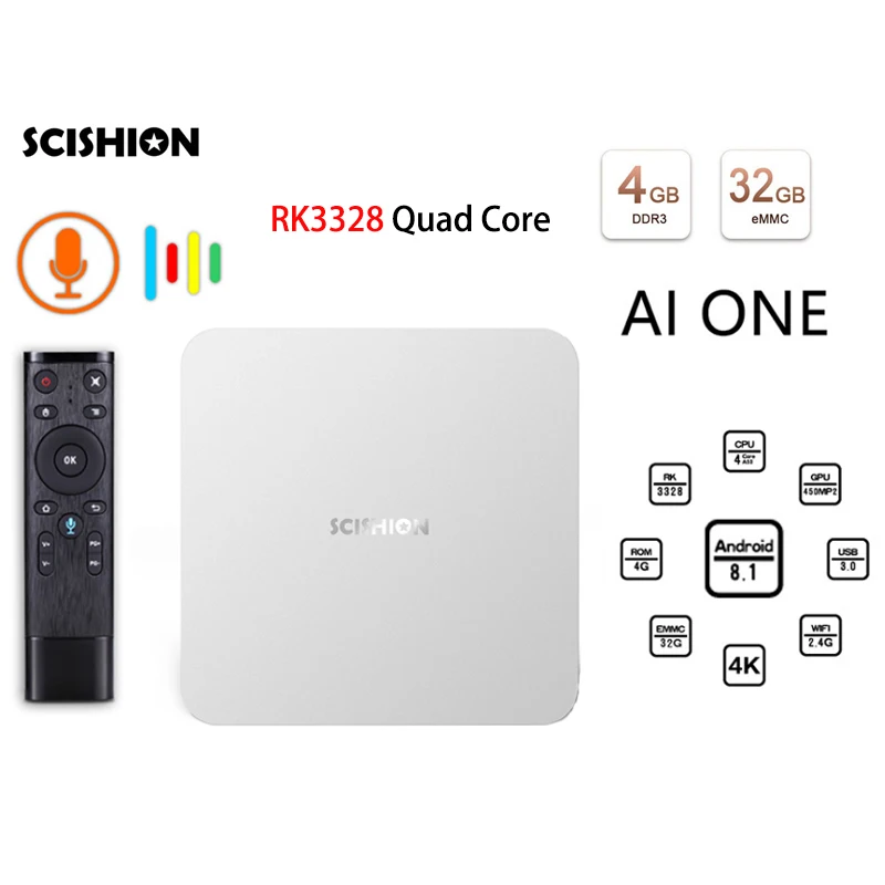 

AI ONE Android 8.1 TV Box 4GB 32GB Smart Tv BOX RK3328 2.4G WIFI Bluetooth 4.0 HD 4k Media Player Set Top Box With Voice Control